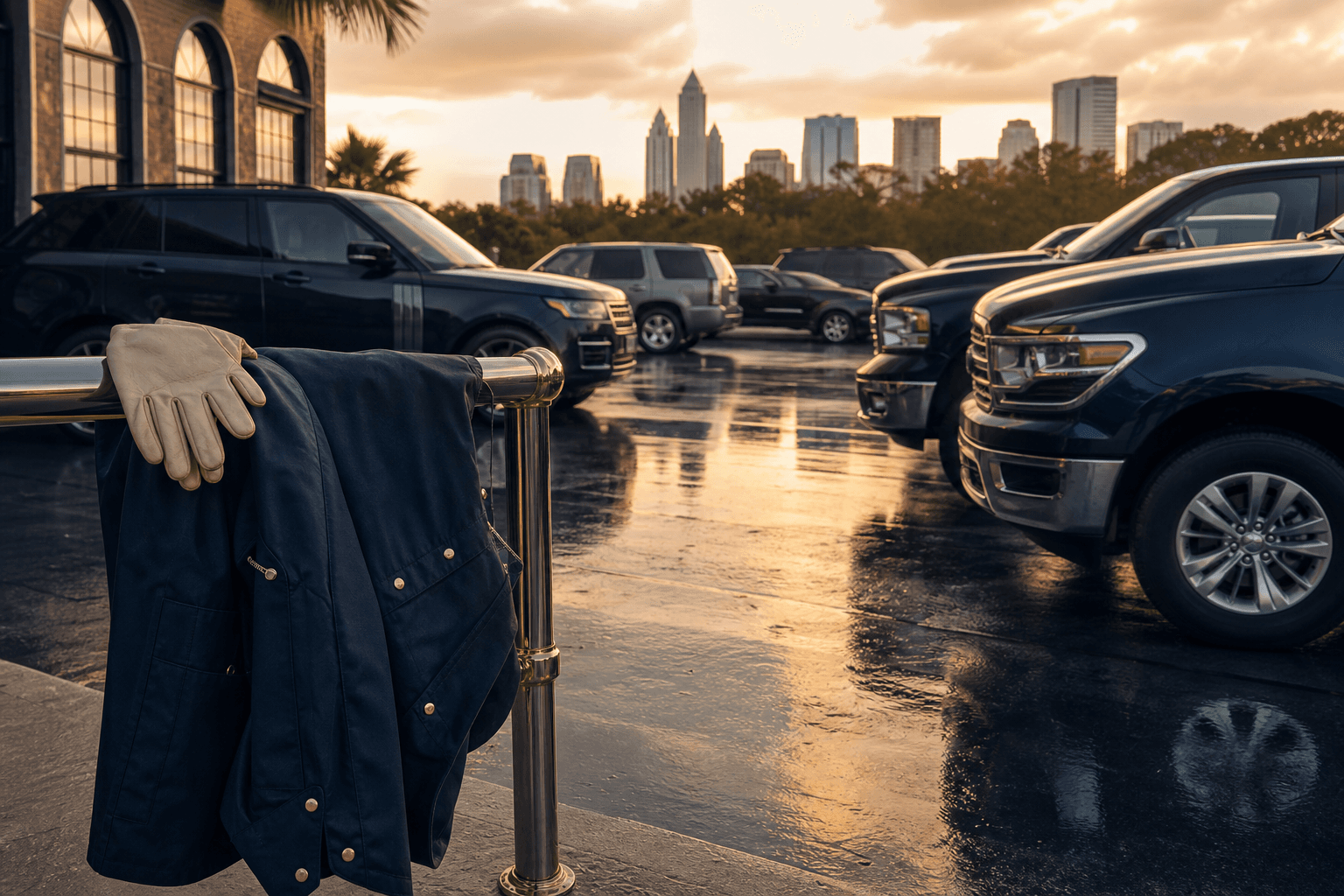 Certified vehicles on wet asphalt at golden hour