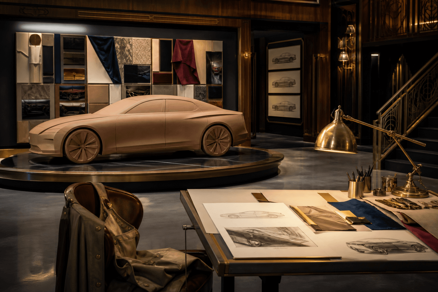 Custom vehicle clay model in a warm atelier