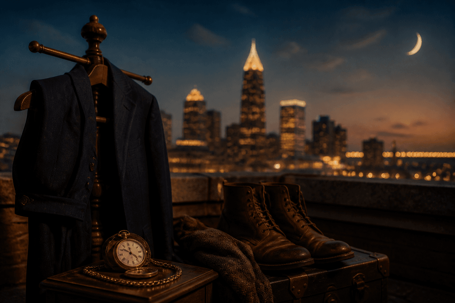 Dusk over a Southern city with tailored workwear and gold light