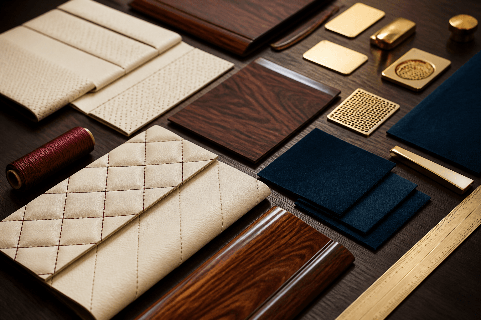 Leather, walnut, and gold metal samples