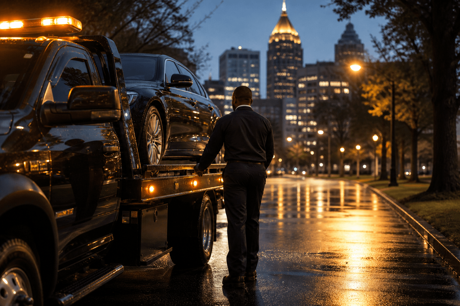 Navy recovery truck assisting a sedan at dusk