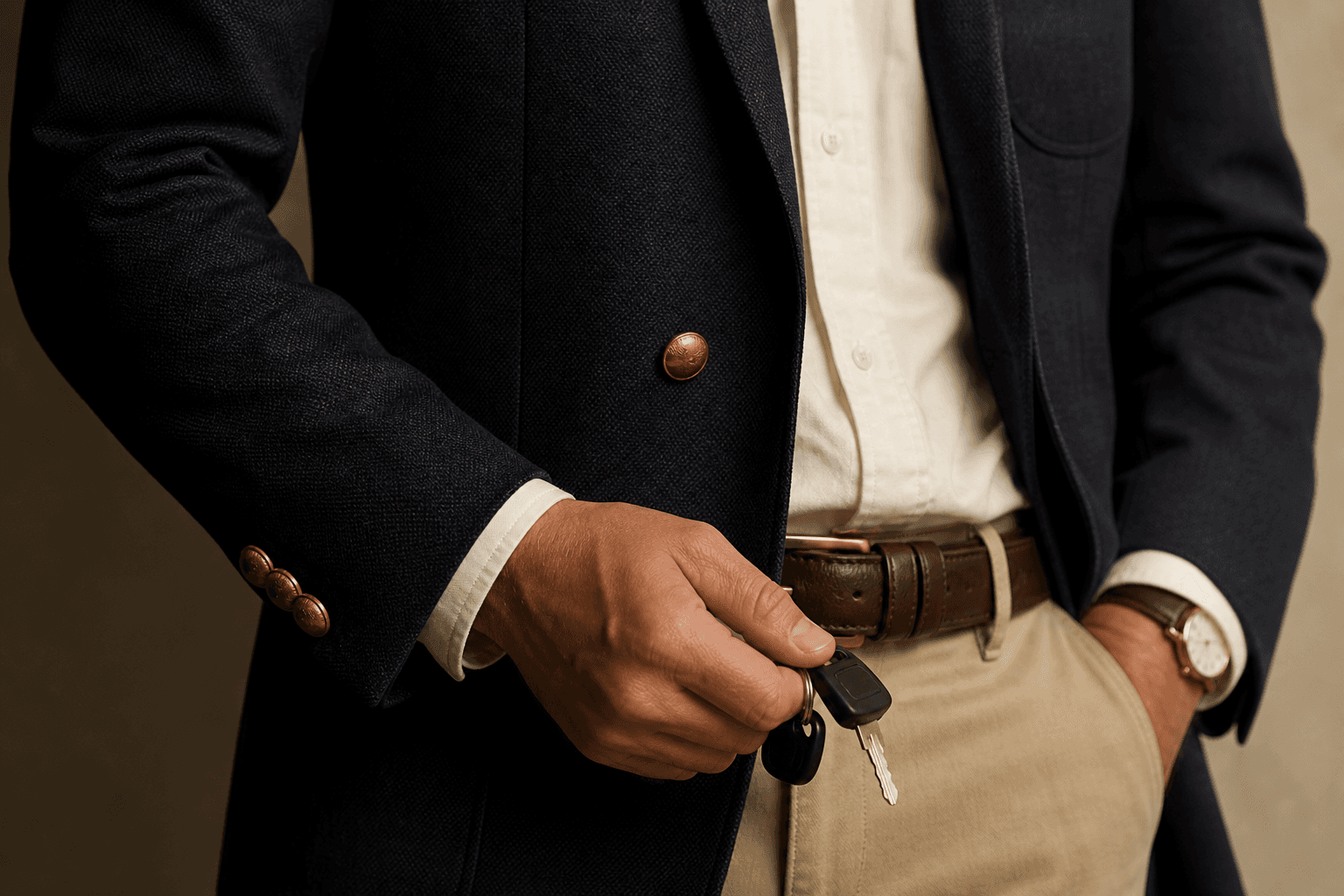 Navy tailored workwear, brass, cream shirt, and car keys